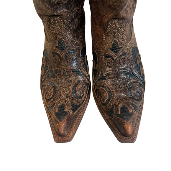 Corral Boots Brown Distressed Lizard Inlay Snip Toe style C2118, Sz 7 - Picture 7 of 16